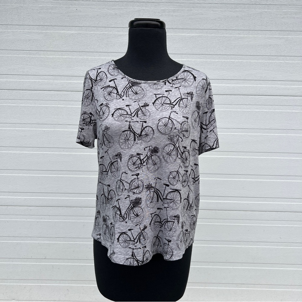 Anthropologie Women's Weekend Bicycle Print Gray and Black T-Shirt, S